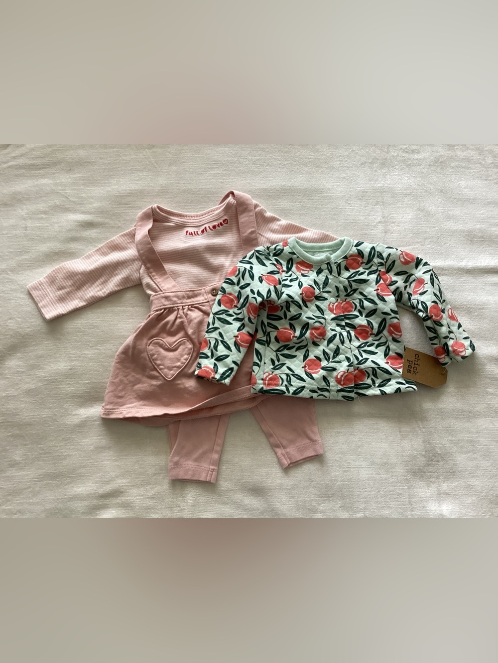 Carter’s Baby Girl 3pc set (used) & peach print quilted sweater 3mth bundle